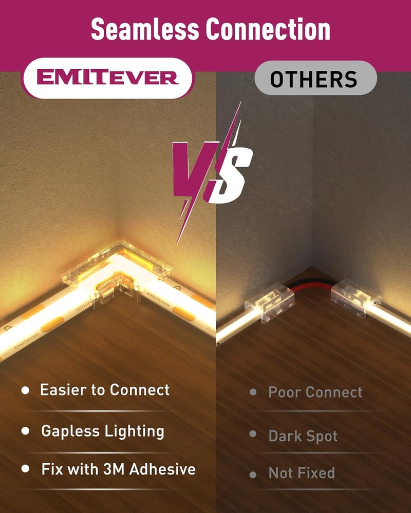 EMITEVER 8mm LED Strip Connectors 12pcs, Led Corner Connector L-Shaped Gapless Connection Solderless Transparent Tape Light Connectors for 2-Pin COB/SMD LED Strip Lights​ 5V 12V 24V 48V - Image 4